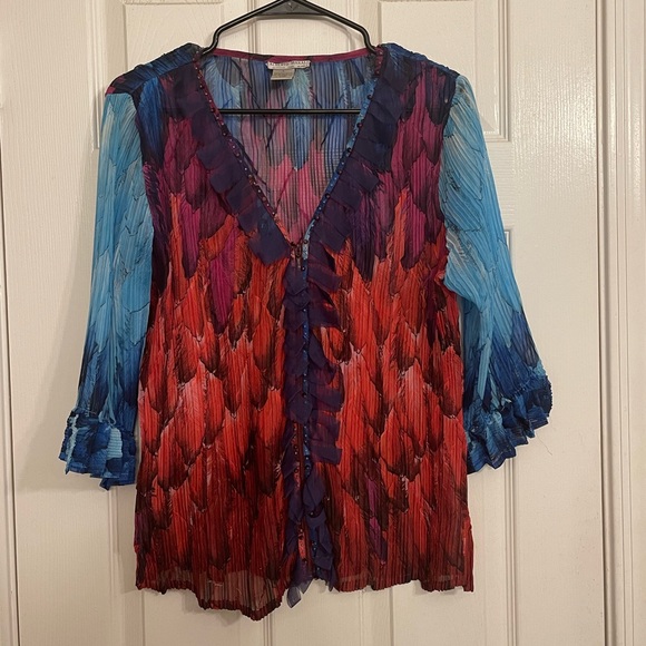 ALBERTO MAKALI - beaded, sheer, multi-color top, 3/4 sleeves - Picture 3 of 7